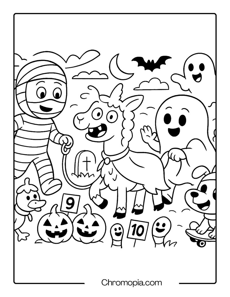 Haunted Graveyard Pet Parade – Cartoon Graveyard Coloring Page