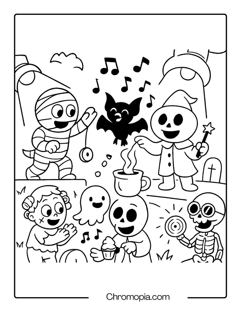 Magical Graveyard Talent Show – Cartoon Graveyard Coloring Page