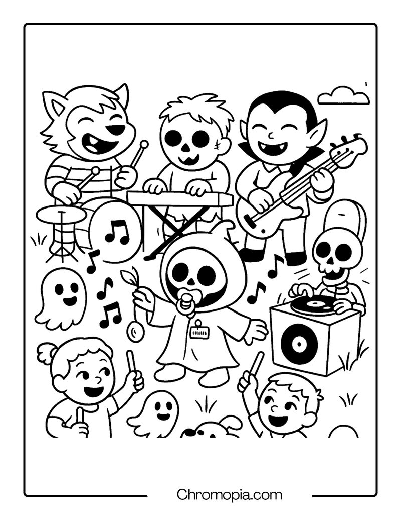 Monster Band Rehearsing in the Graveyard – Cartoon Graveyard Coloring Page