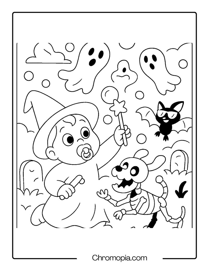 Toddler Witch Summoning Bubble Ghosts – Cartoon Graveyard Coloring Page