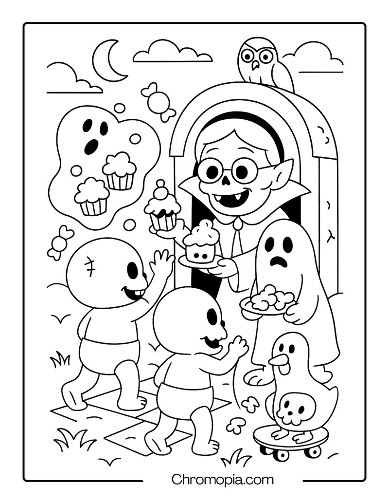 Trick-or-Treating Skeleton Toddlers Getting Candy from a Tomb – Cartoon Graveyard Coloring Page