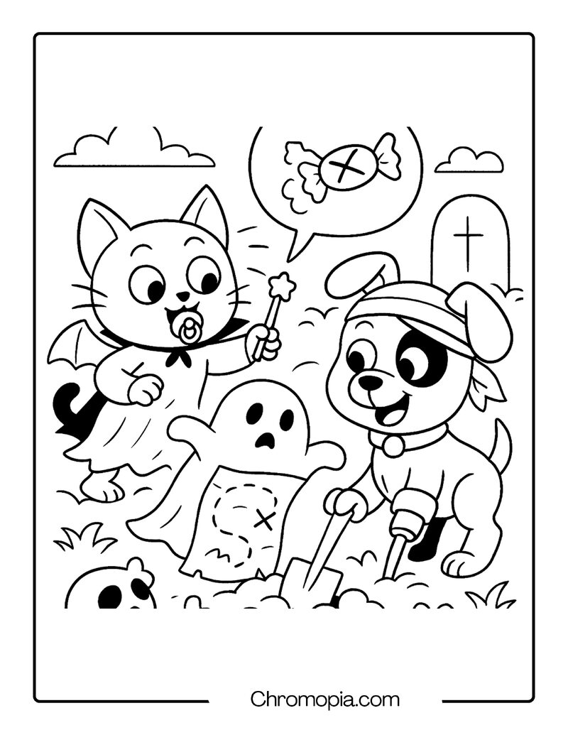 Vampire Kitten and Pirate Puppy in Graveyard Treasure Hunt – Cartoon Graveyard Coloring Page