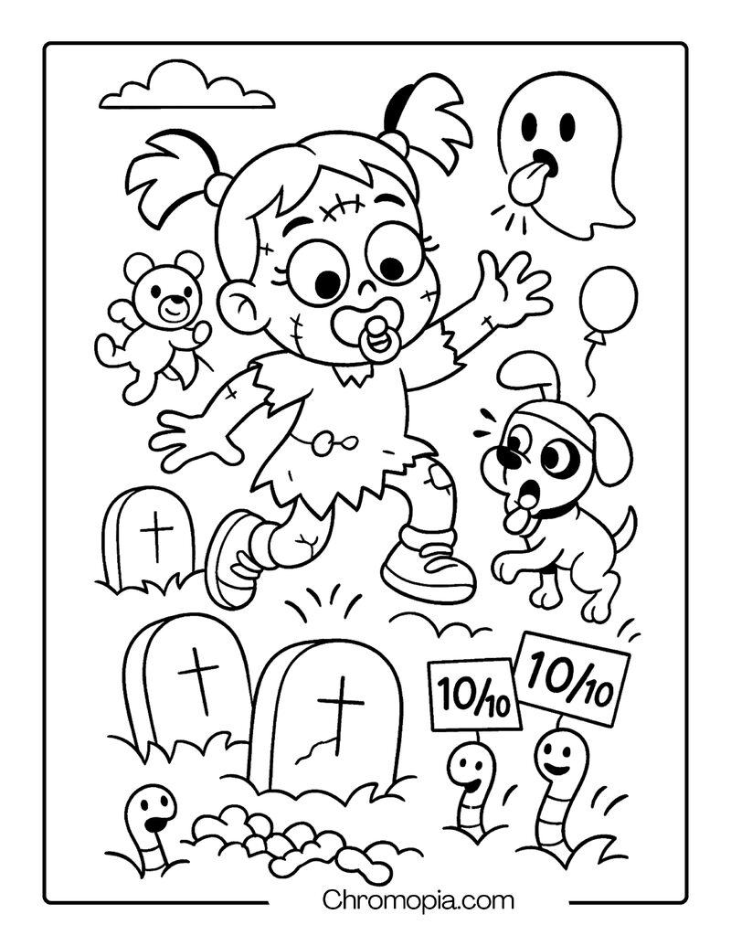 Zombie Girl Playing Hopscotch on Tombstones – Cartoon Graveyard Coloring Page