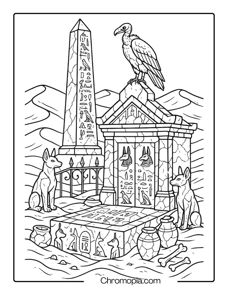 Ancient Egyptian Grave Beneath Desert Obelisk – Graveyard Coloring Page