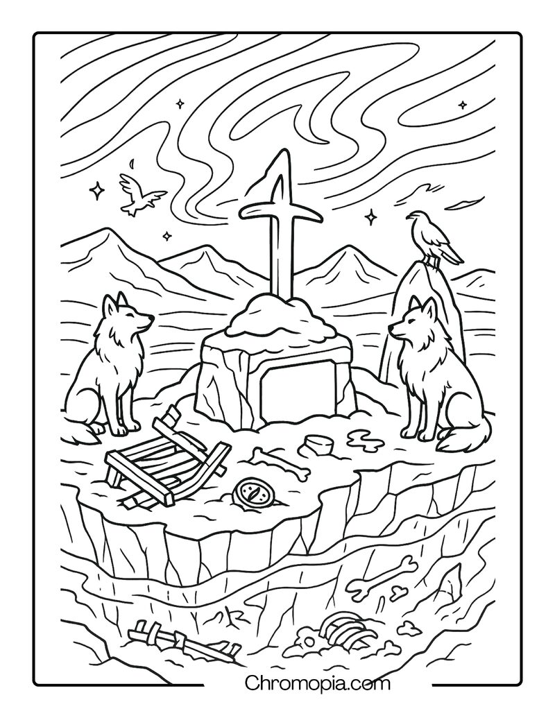 Arctic Ice Grave of a Forgotten Explorer – Graveyard Coloring Page