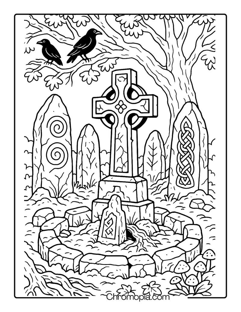 Celtic Forest Grave with Standing Stones – Graveyard Coloring Page