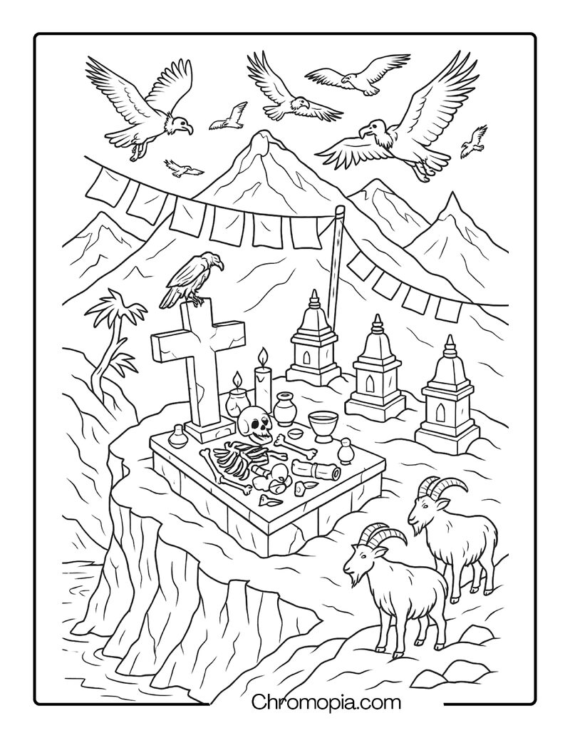 Himalayan Sky Burial Site – Graveyard Coloring Page
