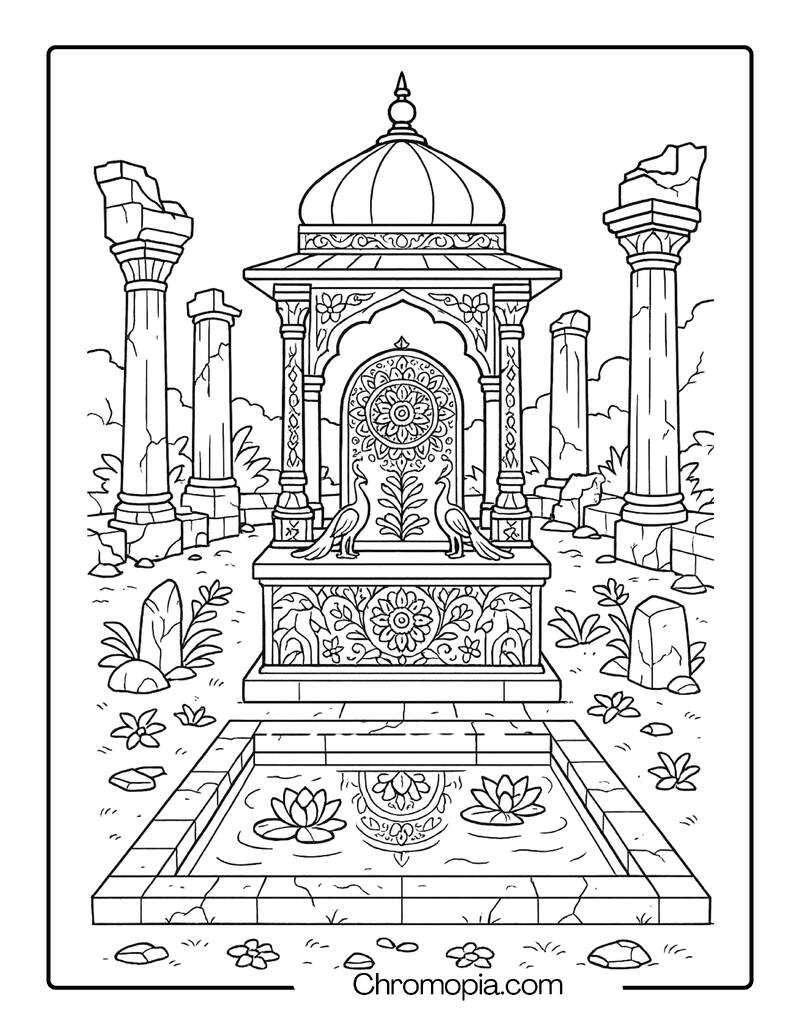 Indian Royal Grave in Ruined Temple Courtyard – Graveyard Coloring Page