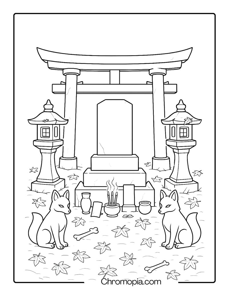 Japanese Shinto Grave with Stone Lanterns – Graveyard Coloring Page