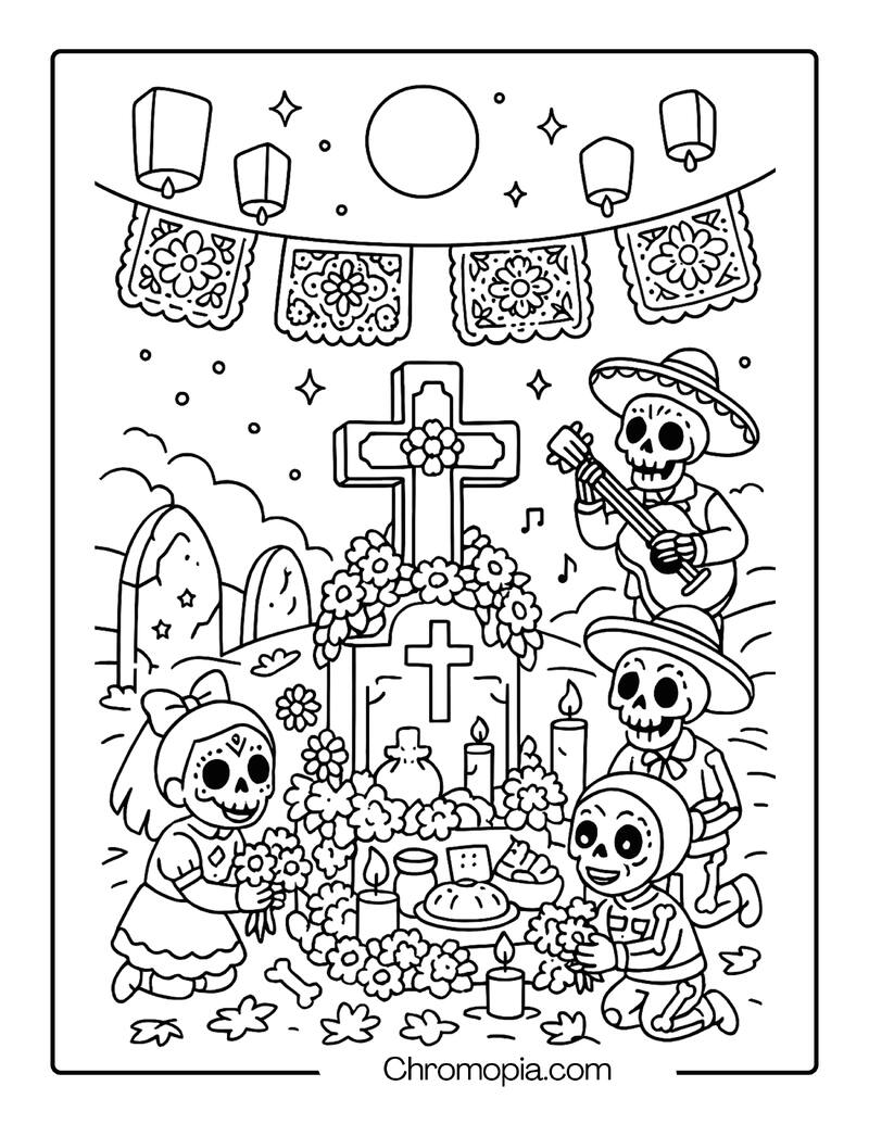 Mexican Día de los Muertos Family Grave – Graveyard Coloring Page