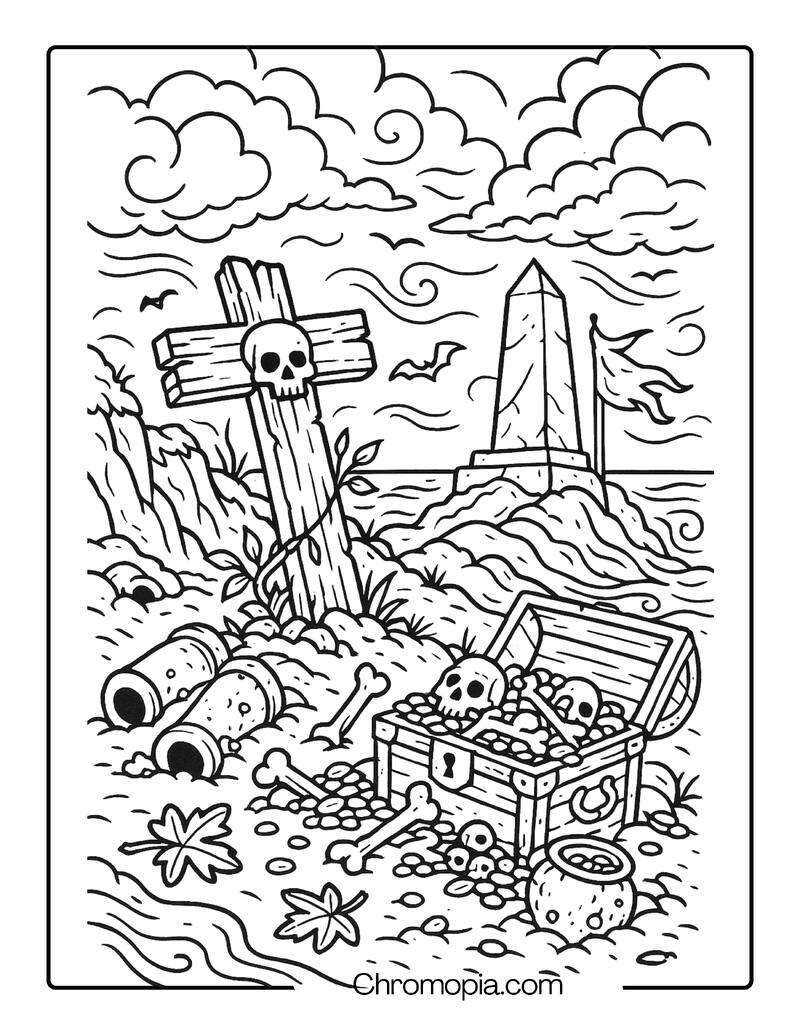 Pirate’s Forgotten Coastal Grave – Graveyard Coloring Page