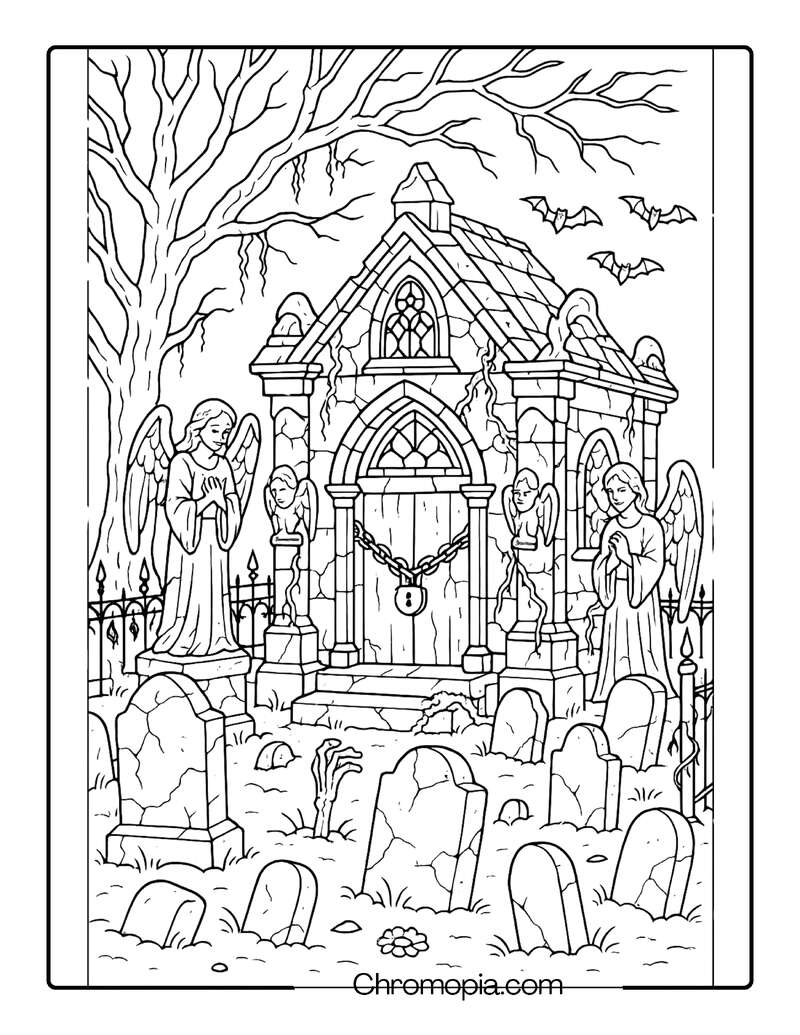 Victorian Gothic Tomb with Iron Fence – Graveyard Coloring Page