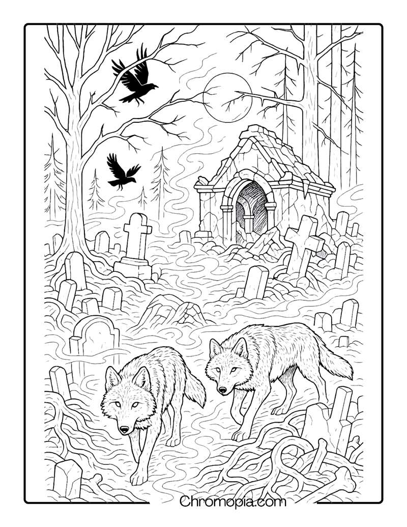 Abandoned European Forest Graveyard with Feral Wolves – Ultra-Realistic Graveyard Coloring Page