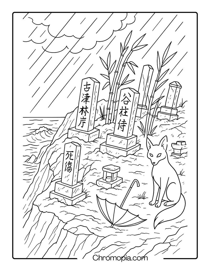 Abandoned Japanese Graveyard on a Rain-Soaked Cliff – Ultra-Realistic Graveyard Coloring Page