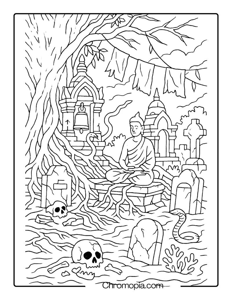 Buddhist Temple Graveyard Overrun by Roots and Bones – Ultra-Realistic Graveyard Coloring Page