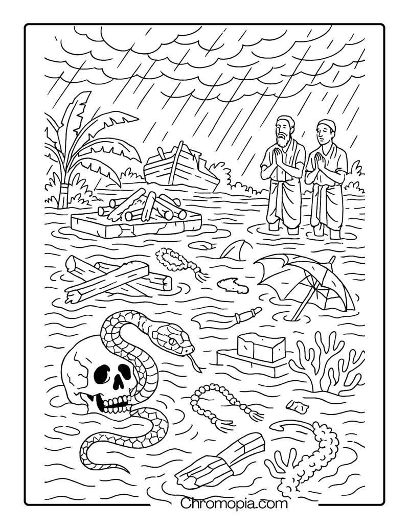 Creepy Indian Graveyard in Monsoon Floods – Ultra-Realistic Graveyard Coloring Page