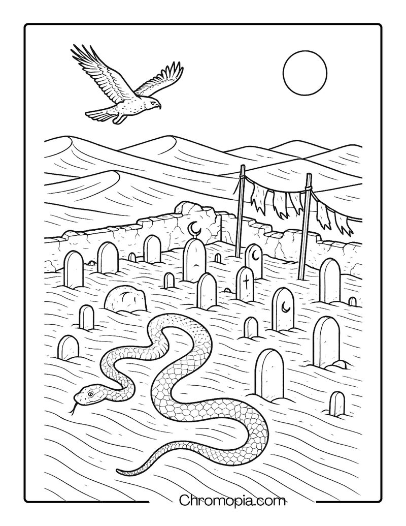 Desolate Islamic Desert Graveyard with Sand Serpents – Ultra-Realistic Graveyard Coloring Page
