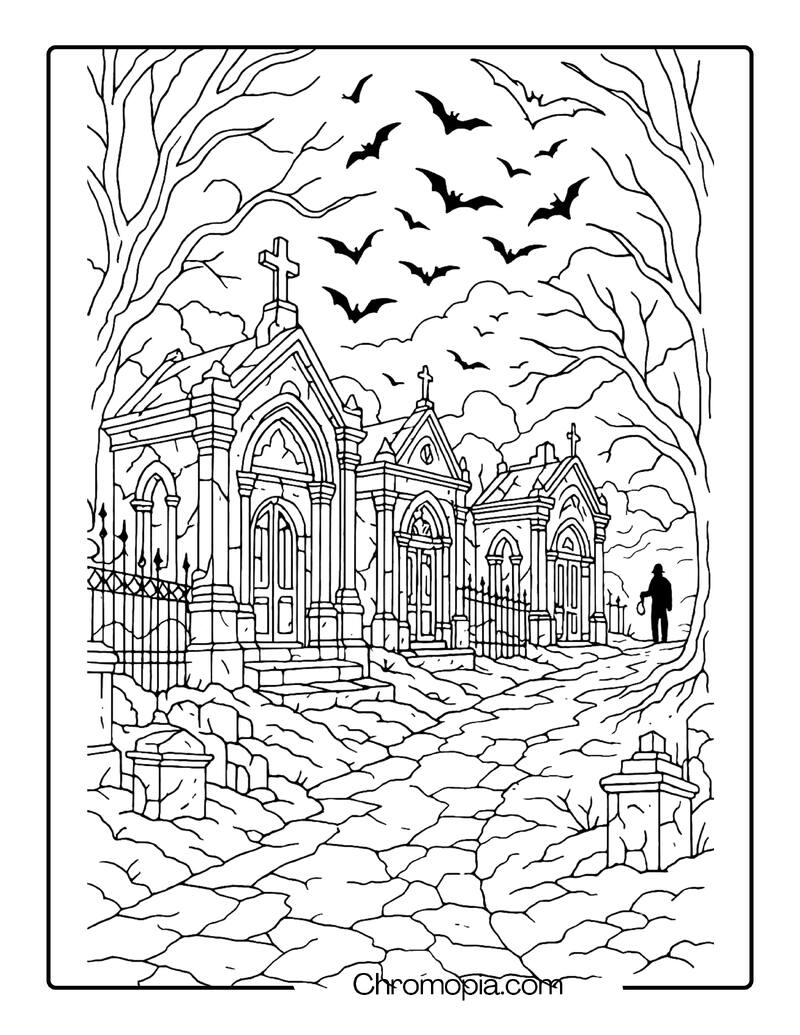 Fog-Blanketed Romanian Crypts with Wild Bats – Ultra-Realistic Graveyard Coloring Page