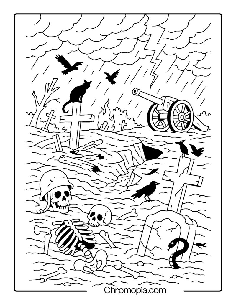 Mass Grave Beneath Storming Battlefield – Ultra-Realistic Graveyard Coloring Page