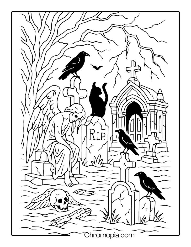 Northern Gothic Cemetery with Black Cat and Broken Angel – Ultra-Realistic Graveyard Coloring Page