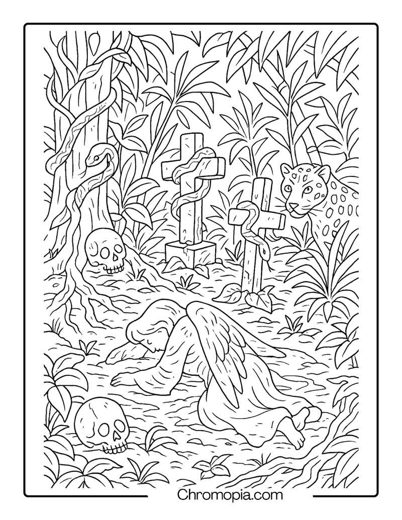 South American Jungle Graveyard with Entangled Bones – Ultra-Realistic Graveyard Coloring Page
