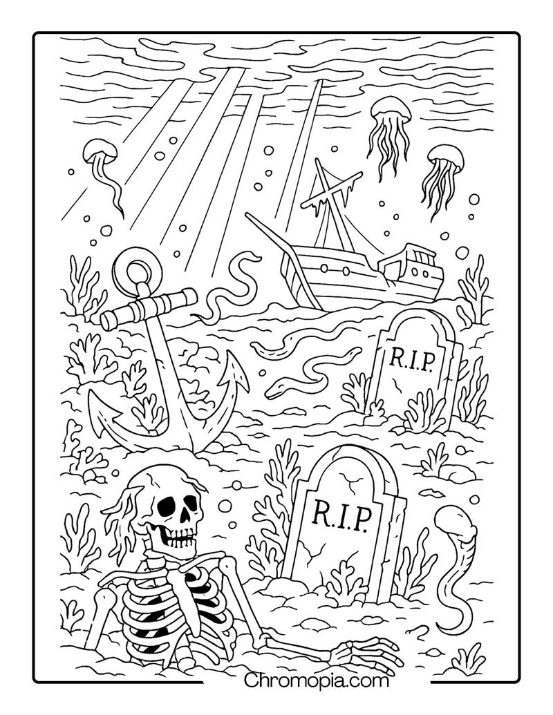 Underwater Graveyard of Drowned Sailors – Ultra-Realistic Graveyard Coloring Page