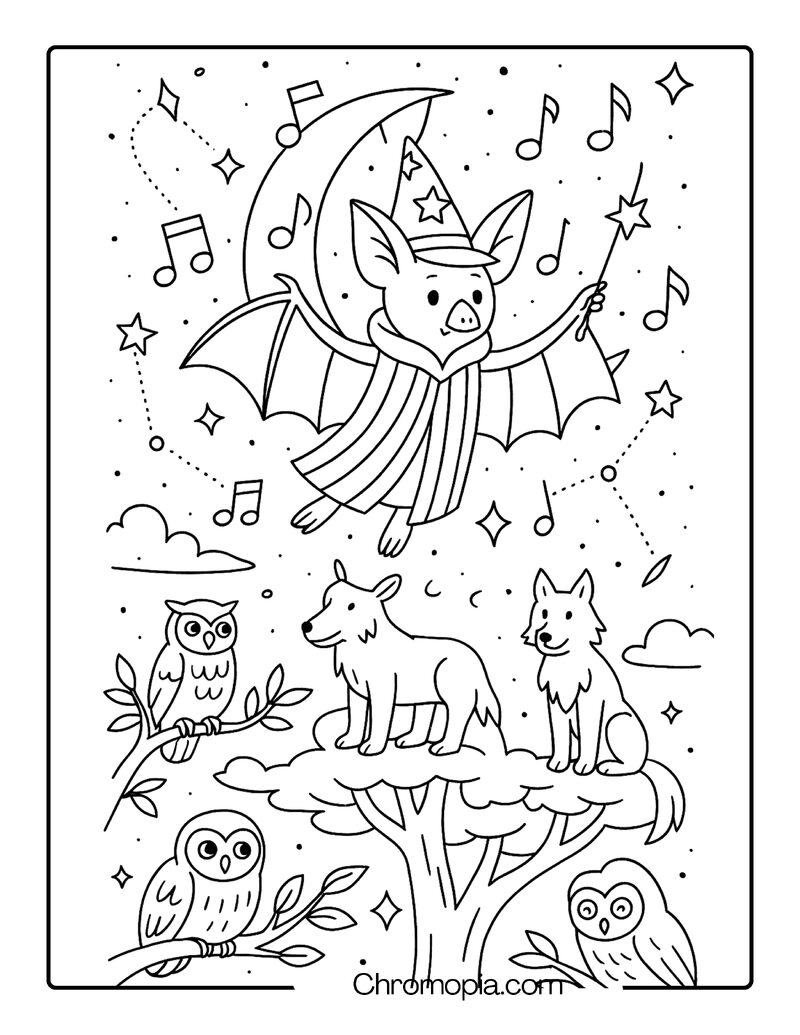 Bat Wizard Conducting a Lunar Symphony – Animal Wizard Coloring Page