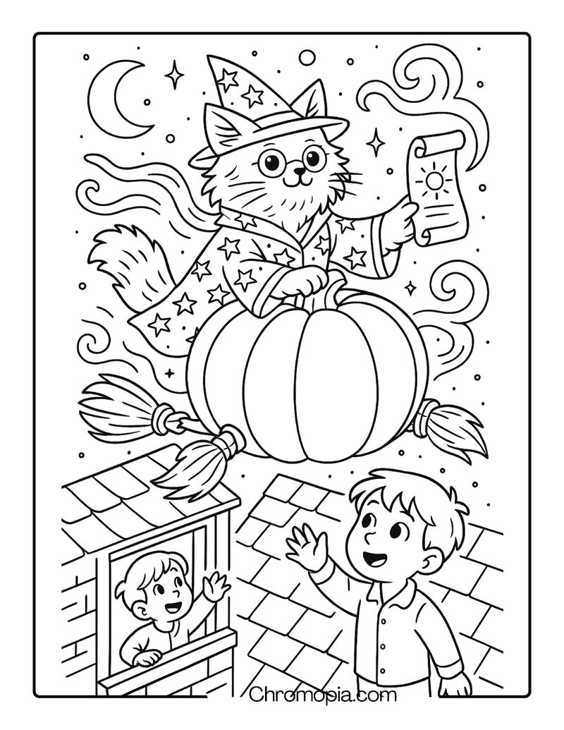 Cat Wizard Steering a Pumpkin Hovercraft – Animal Wizard Coloring Page
