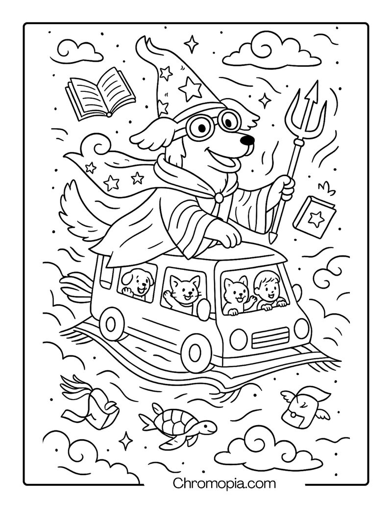 Dog Wizard Flying a Magical Carpet Bus – Animal Wizard Coloring Page
