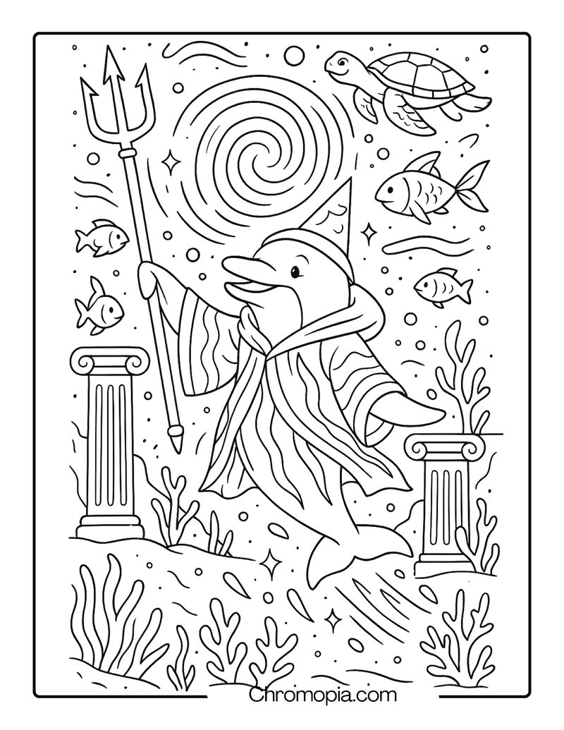 Dolphin Wizard Summoning a Whirlpool Portal – Animal Wizard Coloring Page