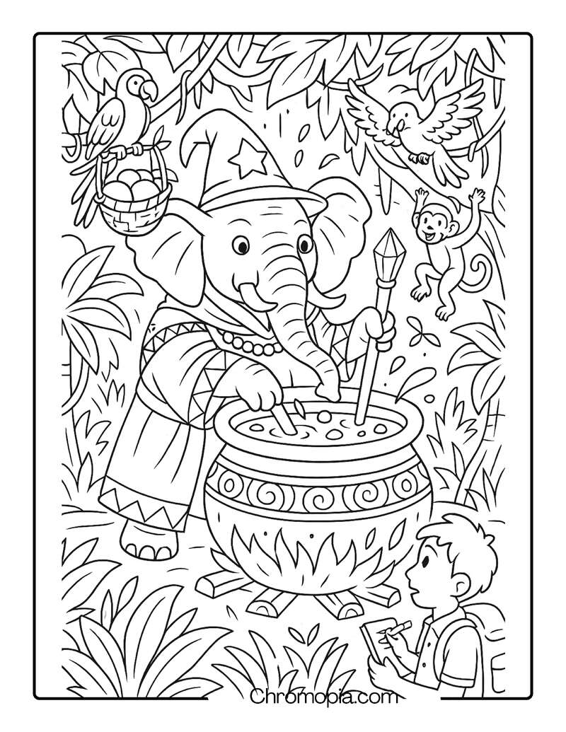 Elephant Wizard Brewing Spells in a Giant Jungle Cauldron – Animal Wizard Coloring Page