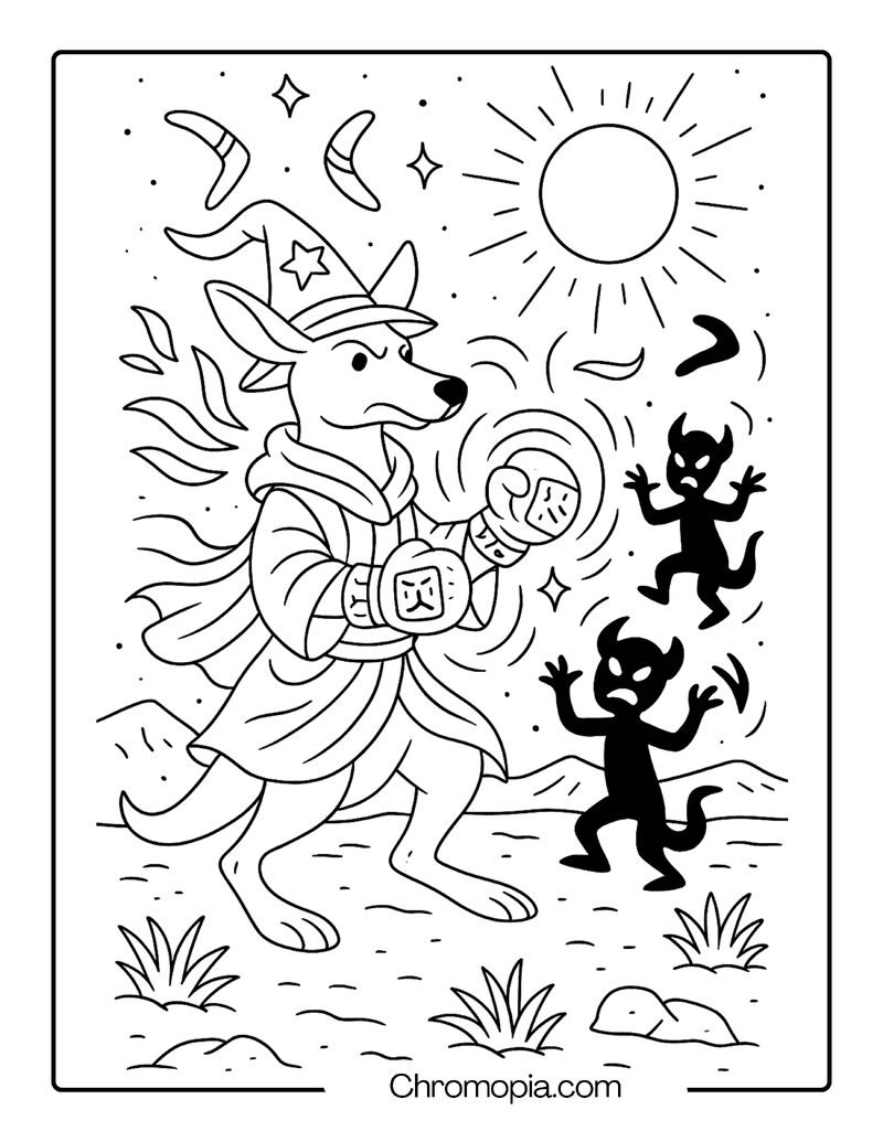 Kangaroo Wizard Boxing Shadows in the Outback – Animal Wizard Coloring Page