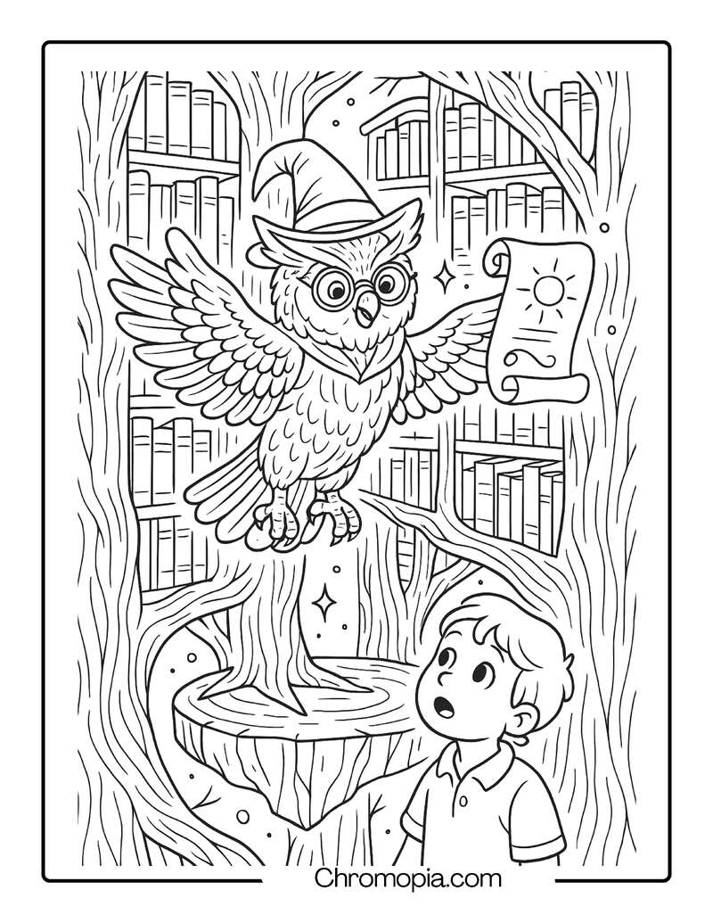 Owl Wizard in a Floating Tree Library – Animal Wizard Coloring Page