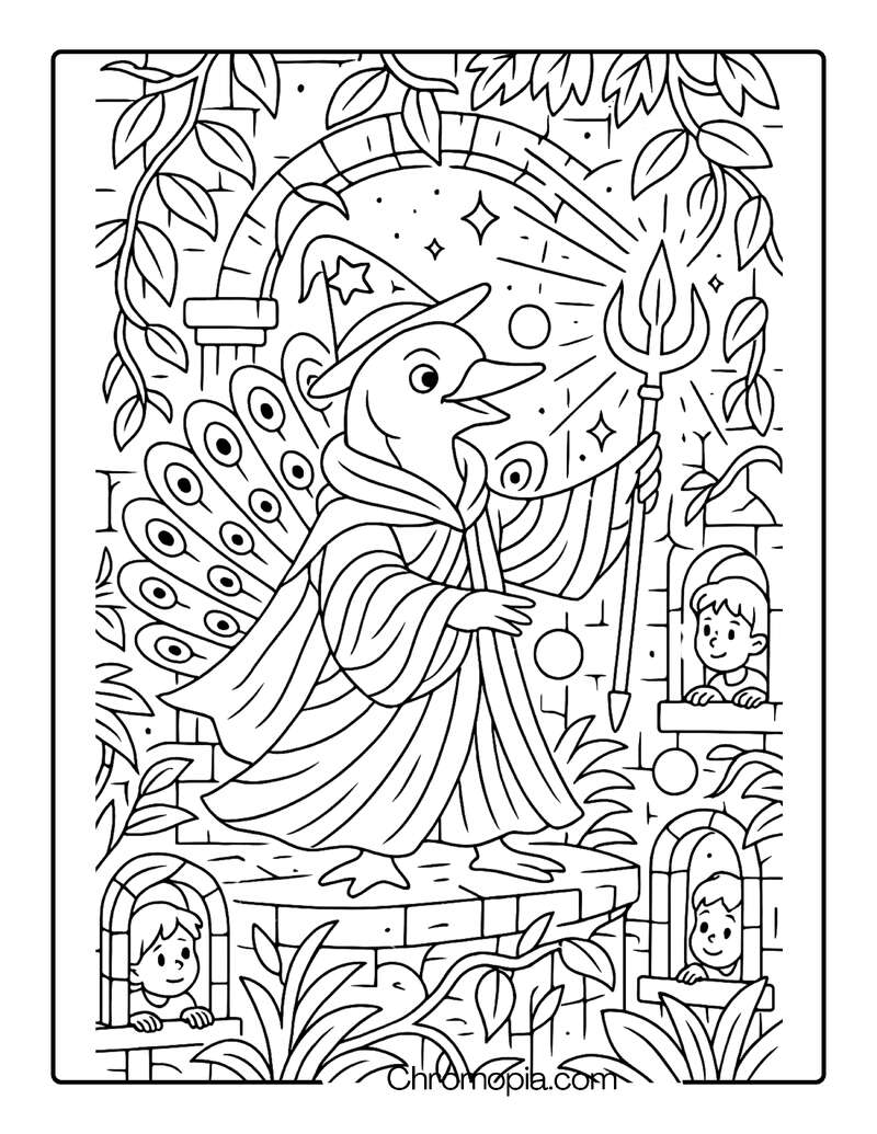 Peacock Wizard Performing Light Magic in a Jungle Temple – Animal Wizard Coloring Page