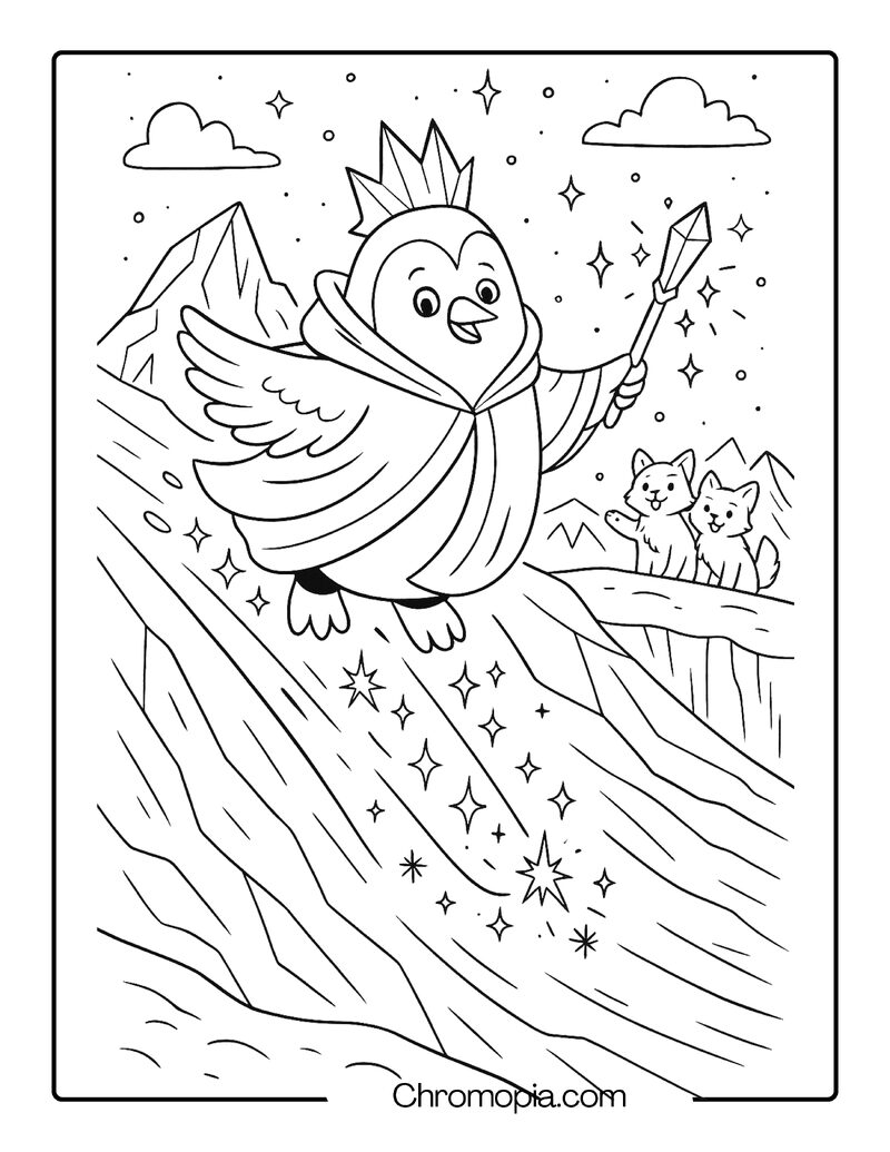 Penguin Wizard Sliding Across Ice with Wand Sparks – Animal Wizard Coloring Page