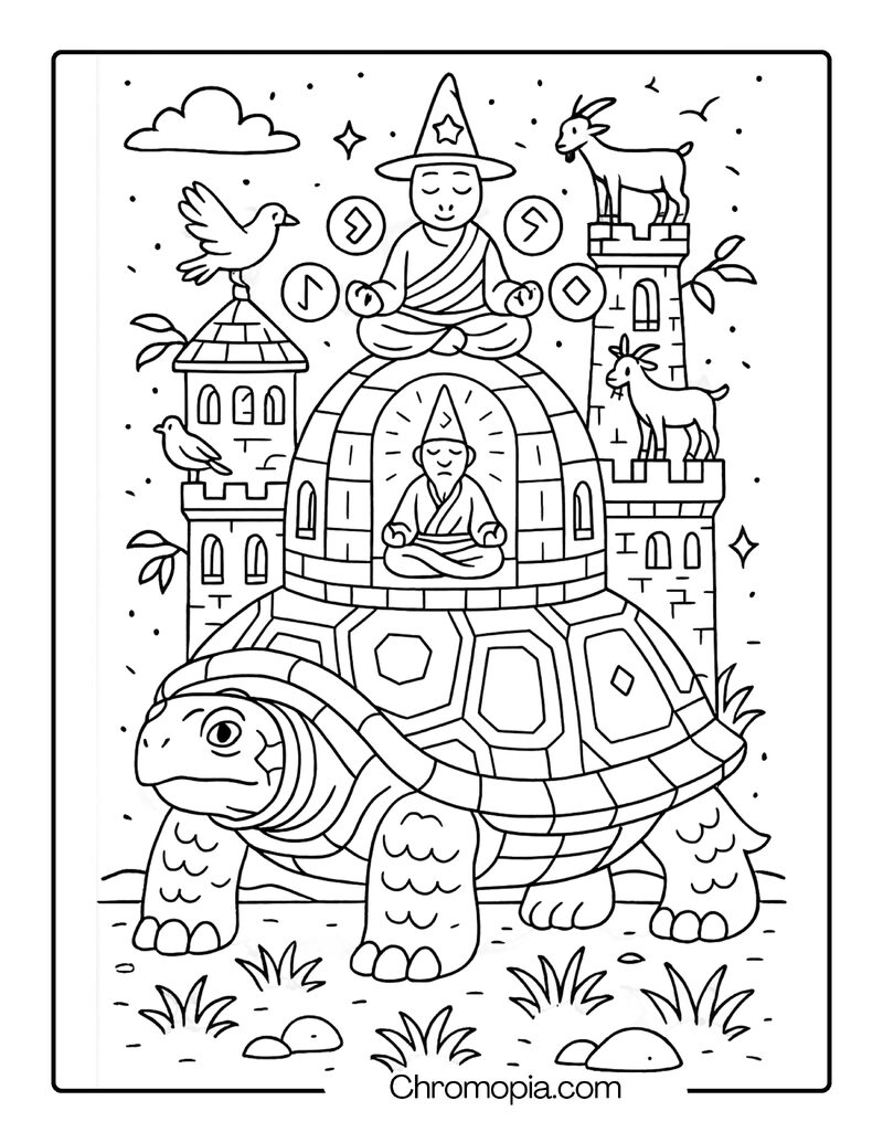 Turtle Wizard on a Walking Fortress – Animal Wizard Coloring Page