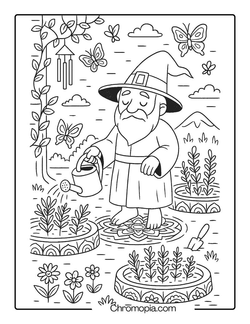 Elder Wizard Tending a Healing Herb Garden with Mandala Beds – Self-Care Wizard Coloring Page