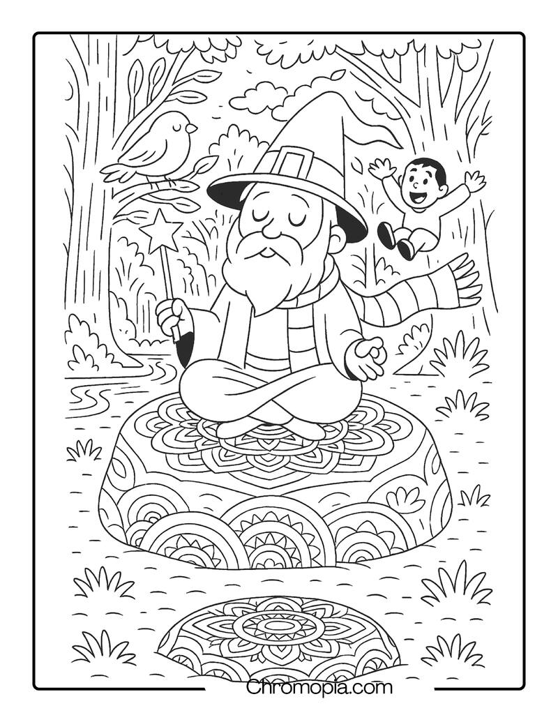 Forest Meditation Wizard on a Mandala Rock Circle – Self-Care Wizard Coloring Page