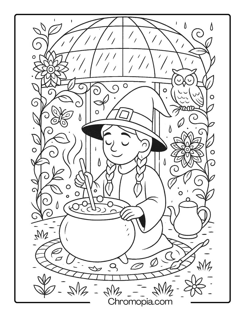 Wizard Brewing a Tranquility Potion in a Glass Conservatory – Self-Care Wizard Coloring Page