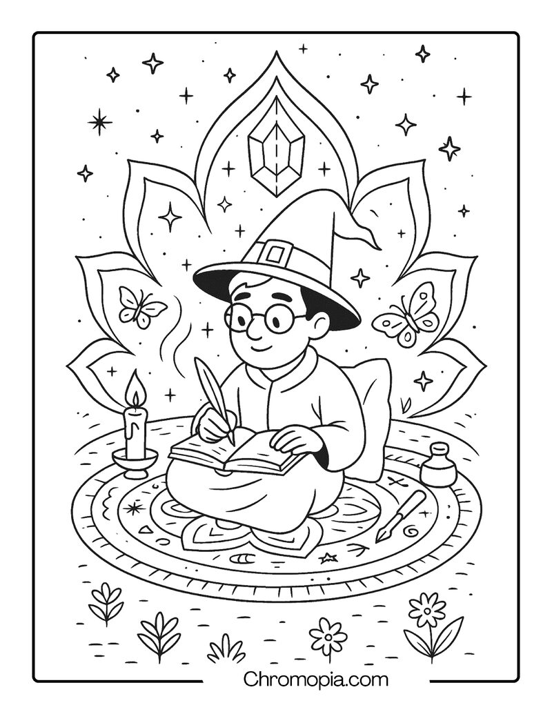 Wizard Journaling Under a Dreamy Night Sky in a Mandala Tent – Self-Care Wizard Coloring Page