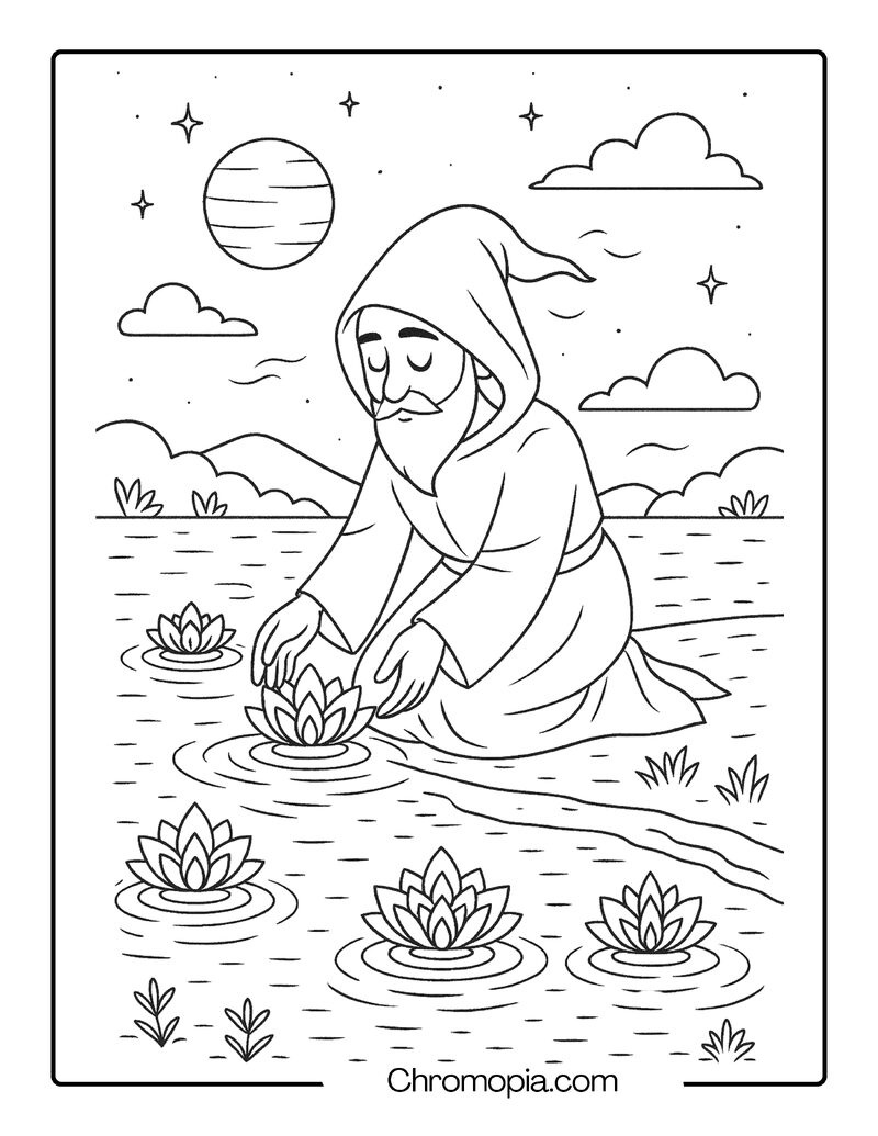 Wizard Lighting Floating Lanterns on a Moonlit Lake – Self-Care Wizard Coloring Page