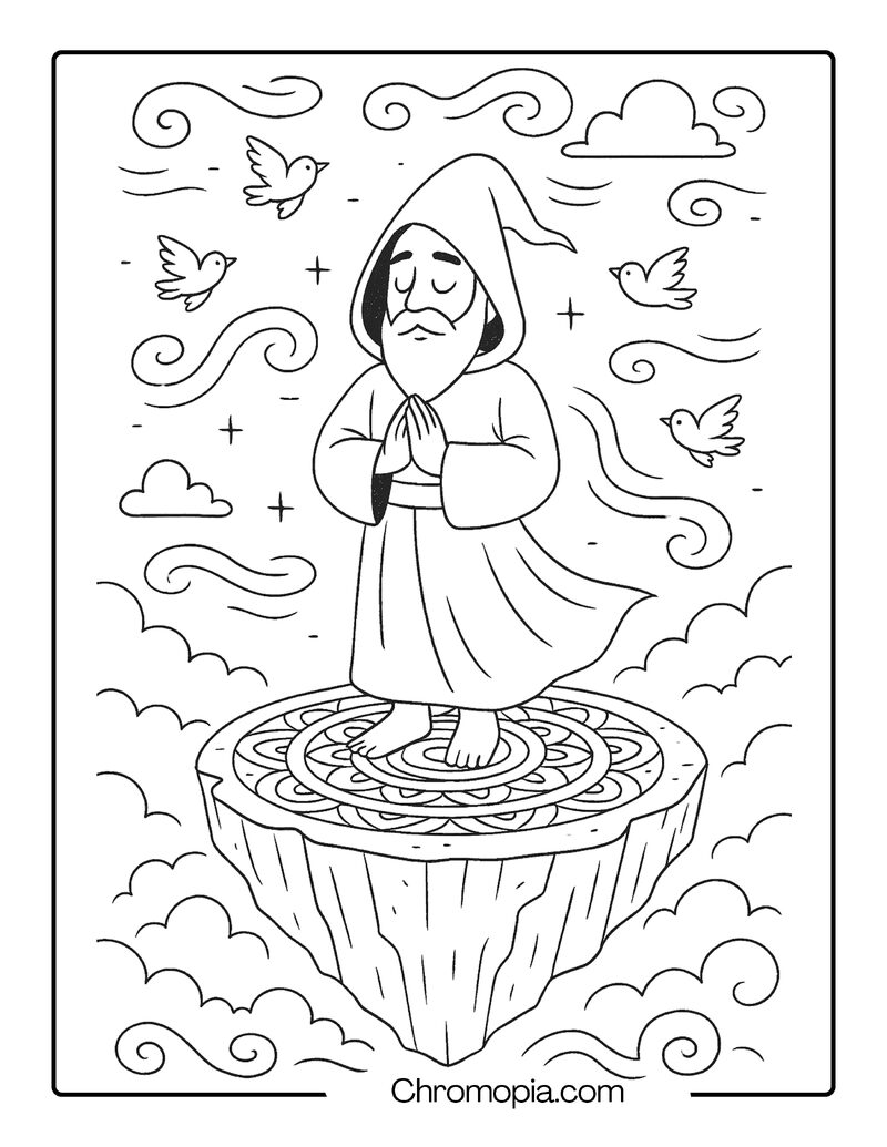 Wizard Practicing Breathwork on a Mandala Cliff Platform – Self-Care Wizard Coloring Page