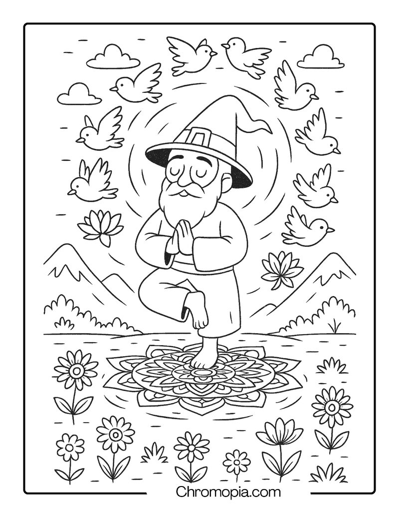 Wizard Practicing Yoga on a Floating Mandala Mat – Self-Care Wizard Coloring Page