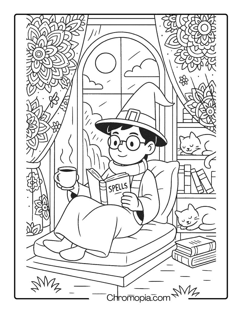 Wizard Reading in a Sunlit Window Nook with Floral Mandala Curtains – Self-Care Wizard Coloring Page