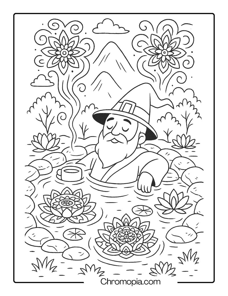 Wizard Soaking in a Mandala Flower Hot Spring – Self-Care Wizard Coloring Page