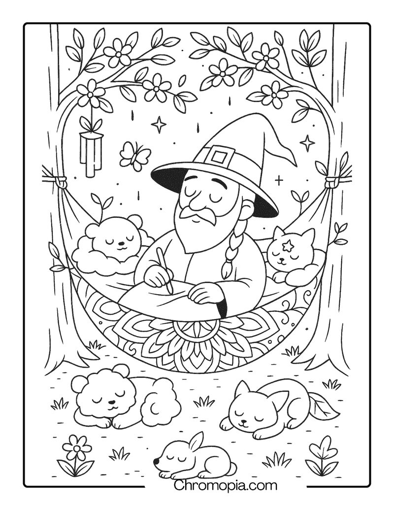 Wizard and Magical Pets Resting in a Hammock Garden – Self-Care Wizard Coloring Page