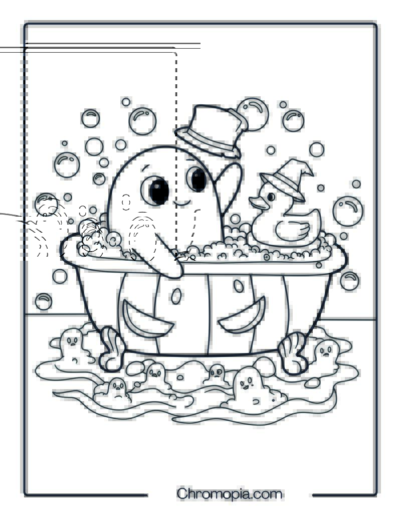 Blobby in Bubble Bath with Floating Ghost Duck Coloring Page