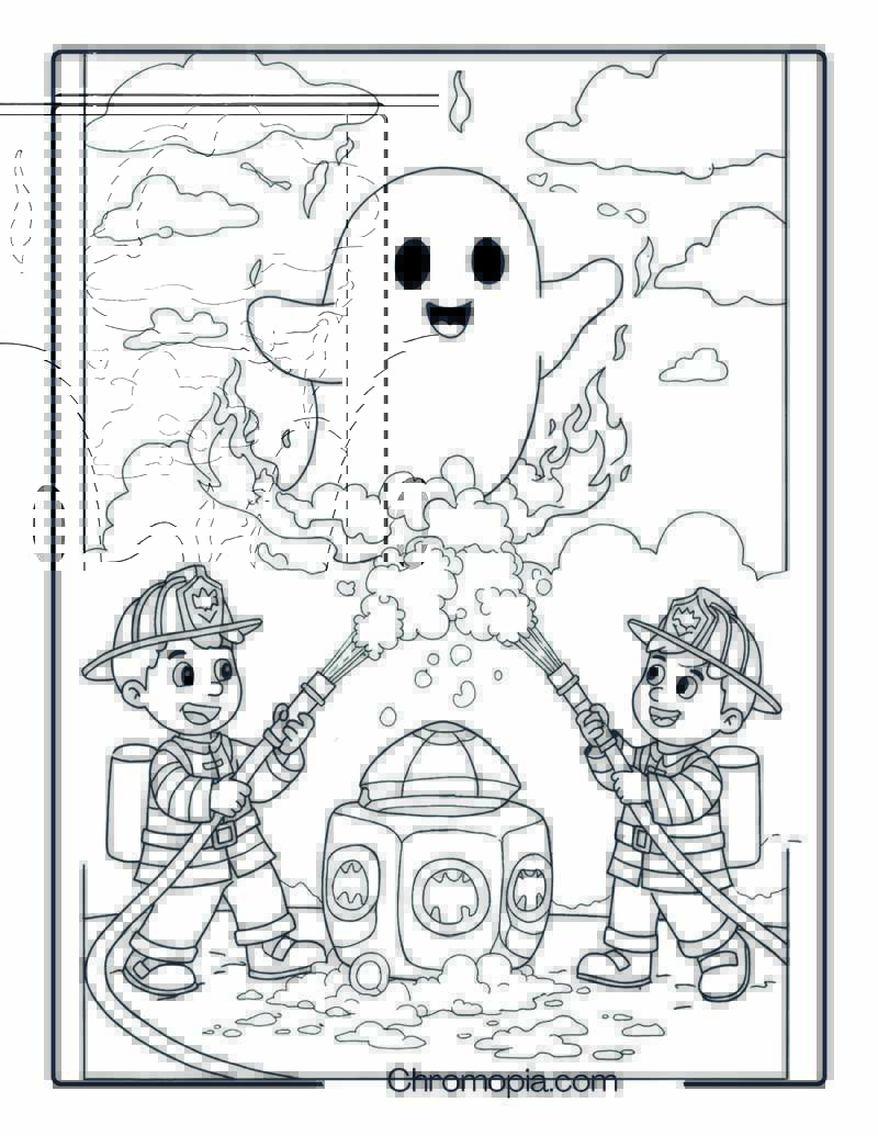 Dennis and Winnie Dressed as Mini Firefighters Putting Out Candle Ghost Coloring Page