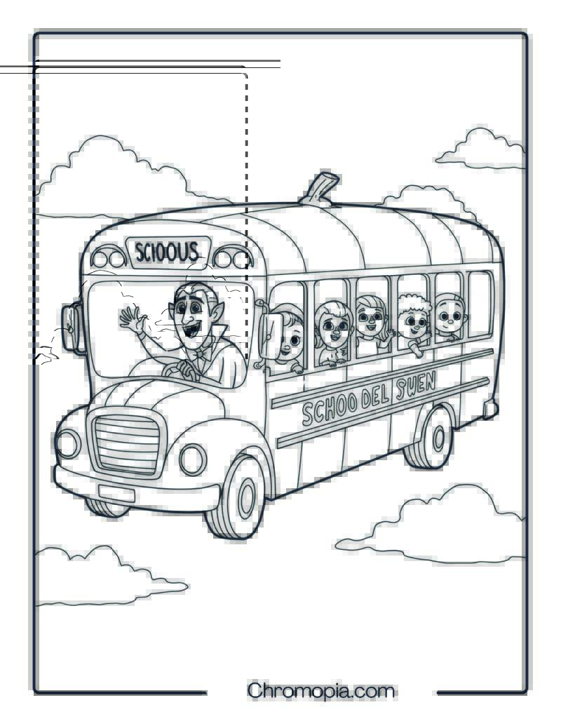 Dracula Driving a Halloween School Bus Full of Kids Coloring Page