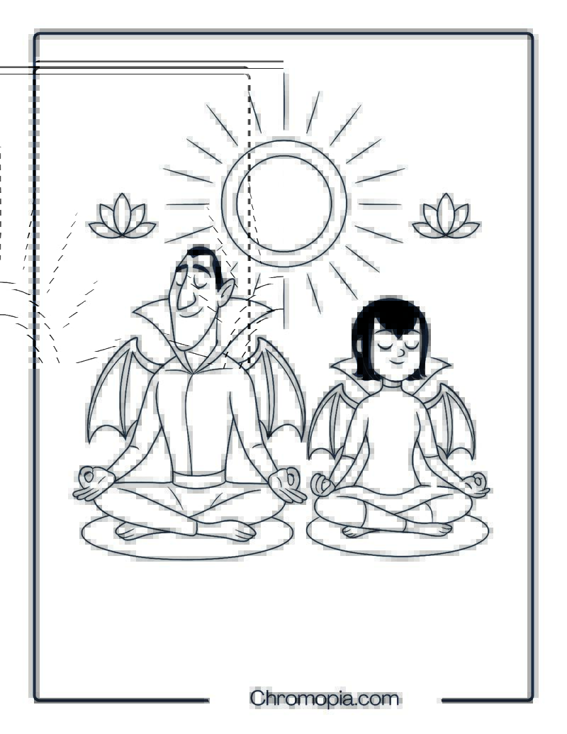 Dracula and Mavis Doing Mindful Yoga in Bat Costumes Coloring Page